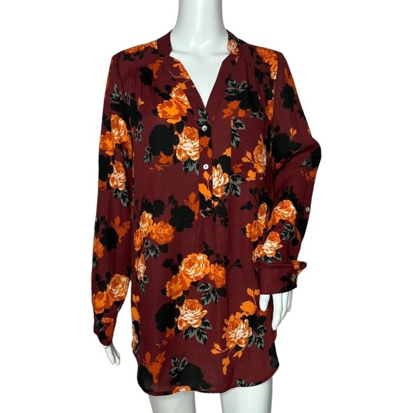 ModCloth Popover Blouse Red Orange Floral Long Sleeve Half Button - Picture 1 of 6